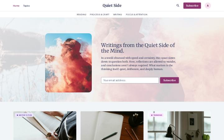 Quiet Side, Top bar · Centred layout
