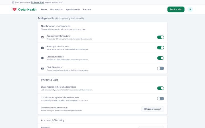Cedar Health, Settings